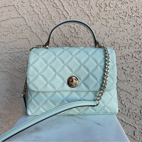 KATE SPADE Mint Blue Quilted Natalia Flap Satchel Bag w Top Handle Chain Strap - Picture 6 of 15